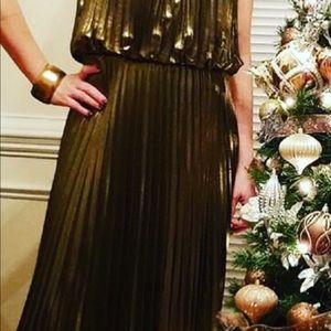 Elegant haltered evening sheer gold evening long